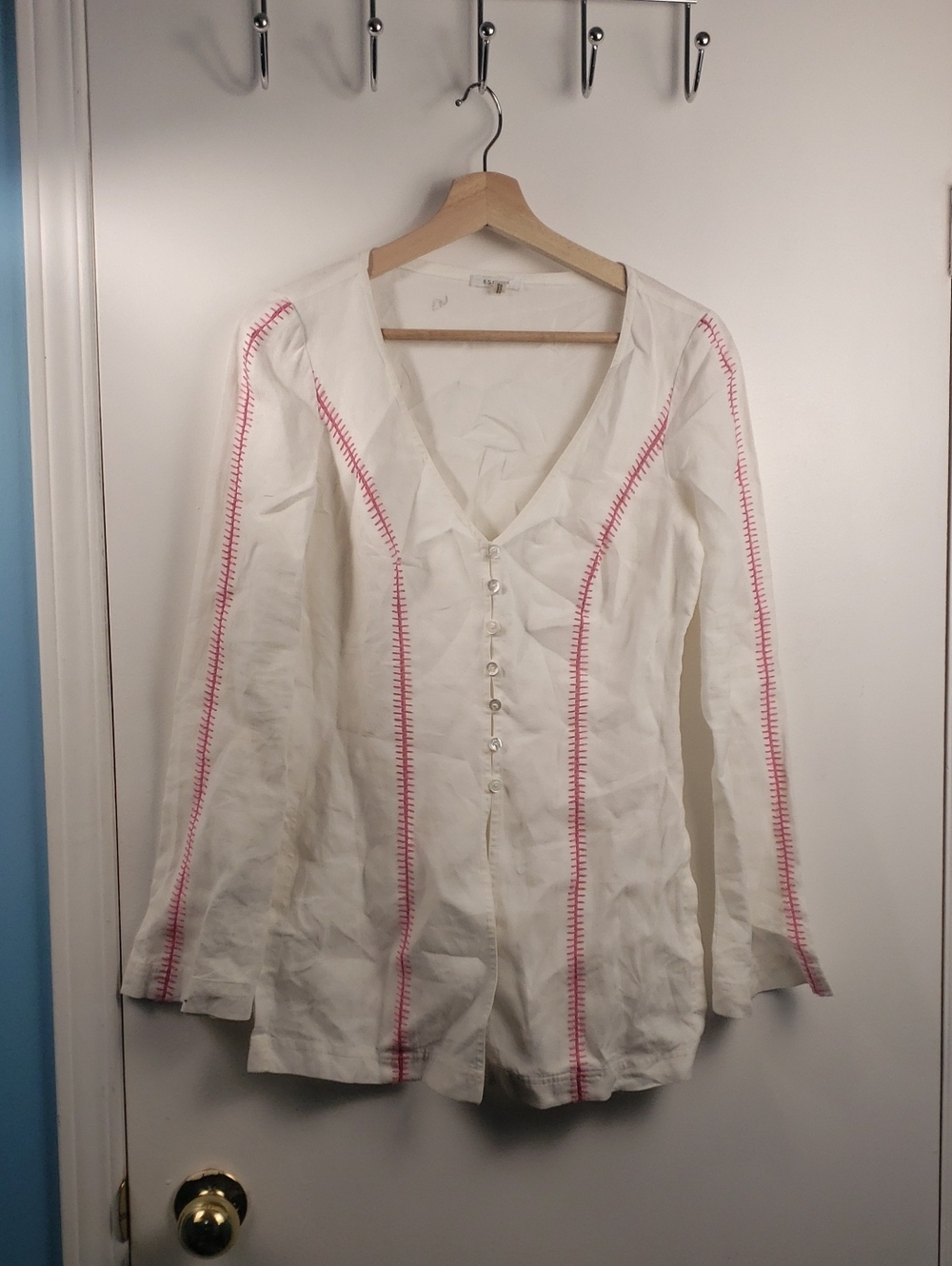 Escada Vintage Linen White Top with Pink Embroided Size 34